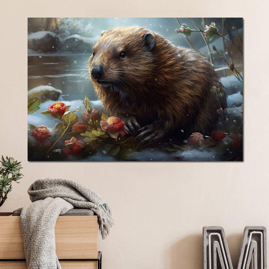 Cute Beaver Winter Snow Stream Red Berries Wildlife Animal Art Print - Image 3