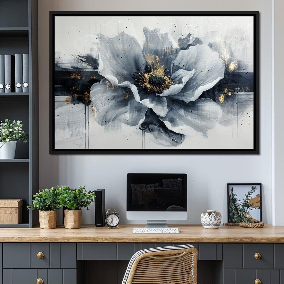 Monochrome Gray Flower Gold Center Abstract Modern Floral Wall Art