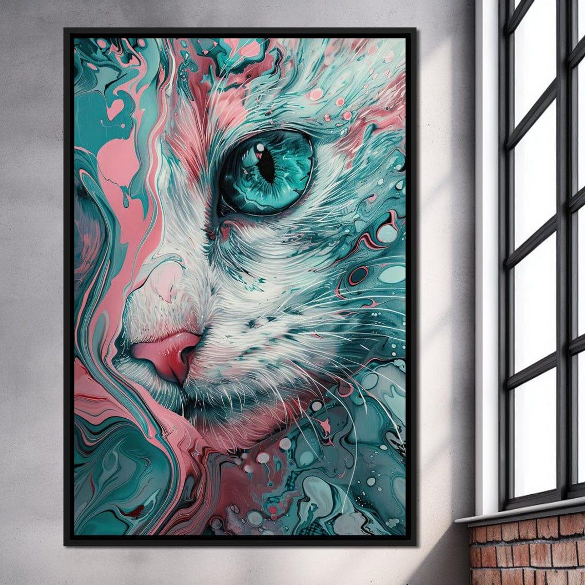 Abstract Cat Face Pink Teal Fluid Art Modern Feline Portrait Wall Art - Image 4