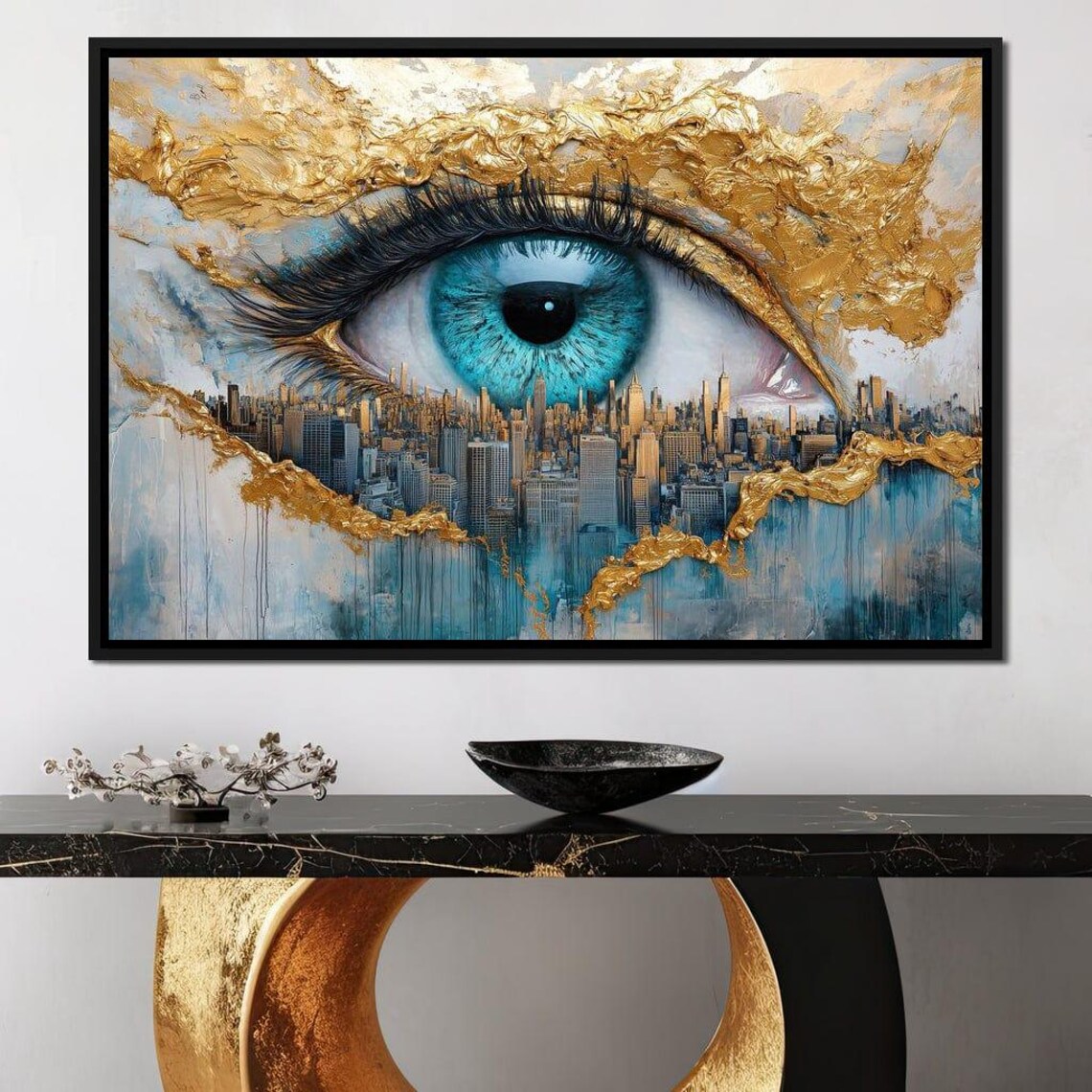Golden Turquoise Eye Over City Skyline Multi Panel Luxury Wall Art - Image 3