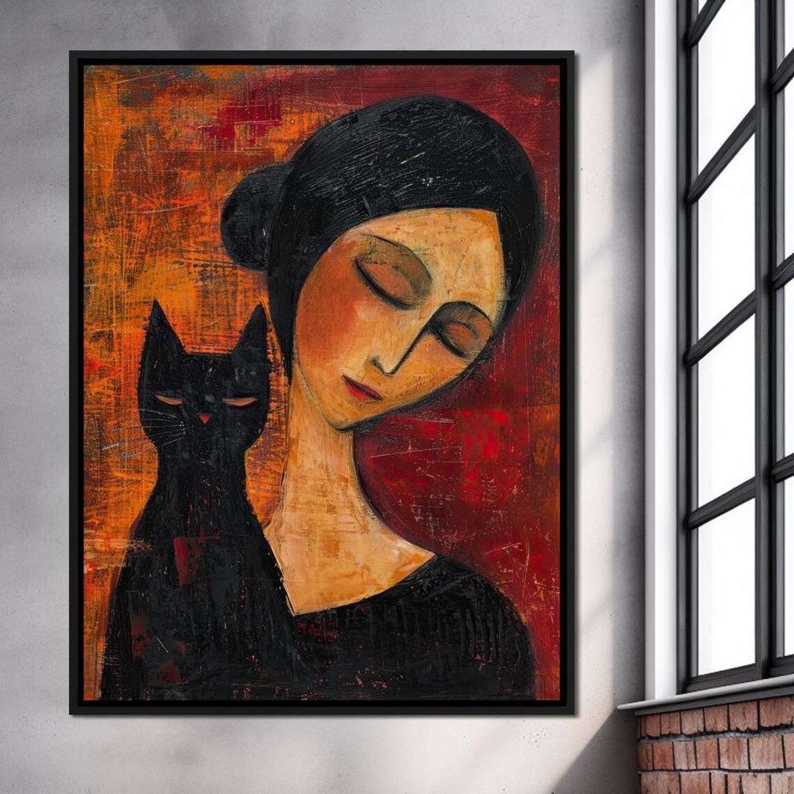 Abstract Woman With Black Cat Cozy Warm Orange Tones Wall Art Poster - Image 4