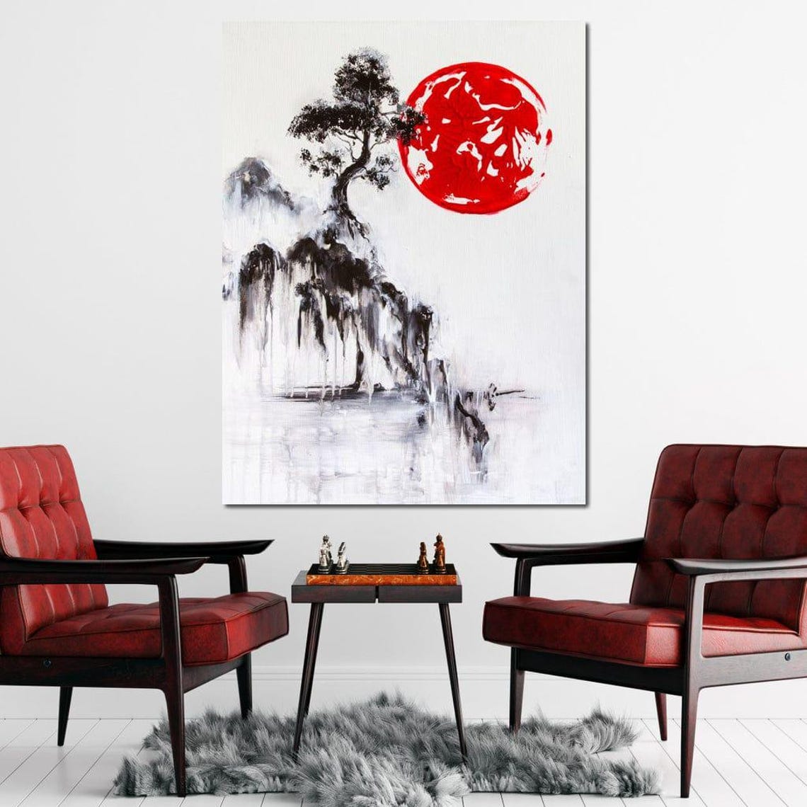 Japanese Pine Tree Black Ink Red Sun Minimalist Zen Style Wall Art - Image 4