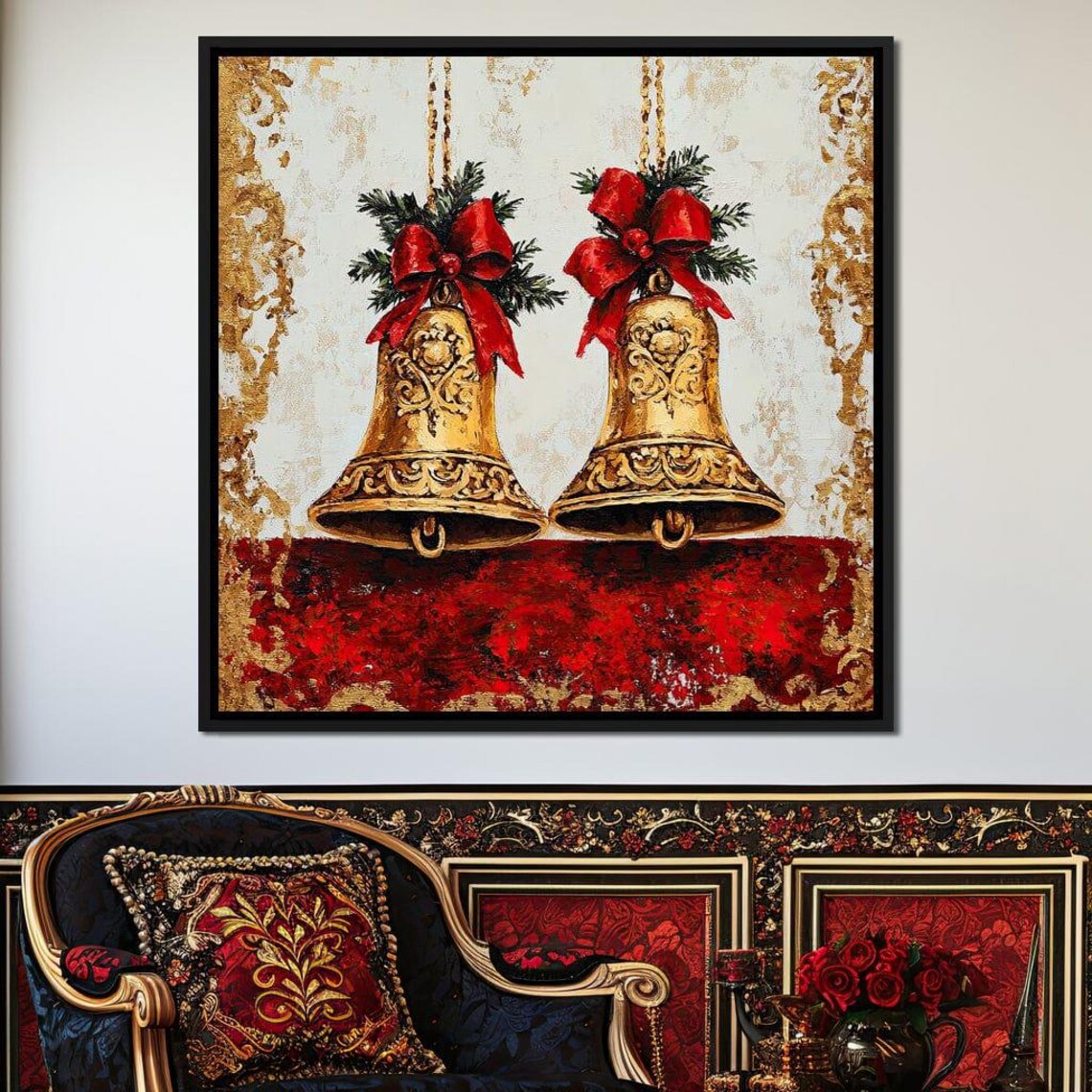 Ornate Golden Christmas Bells With Red Bows Red Gold Wall Art Poster