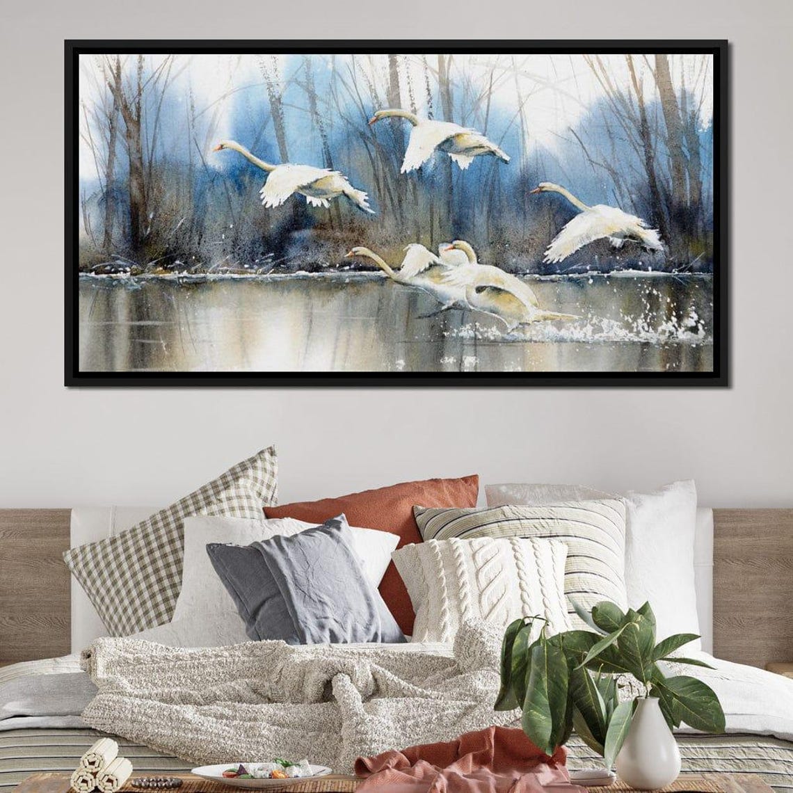 White Swans Flying Misty Lake Watercolor Elegant Bird Art Poster - Image 2