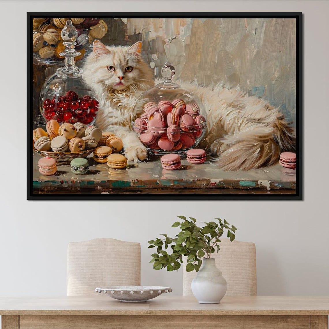 White Fluffy Cat Among Macarons And Sweets Still Life Art Poster - Image 3