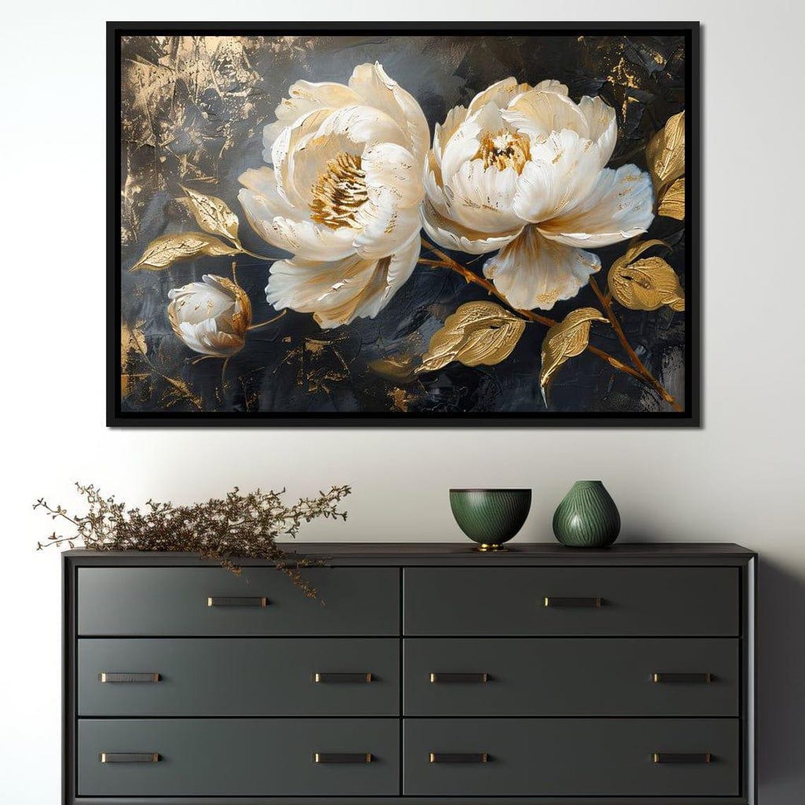 White Peony Blossoms Gold Leaf Midnight Botanical Wall Art Poster - Image 3