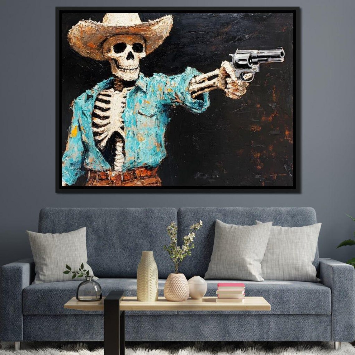 Skeleton Cowboy Denim Shirt Revolver Black Background Western Gothic Wall Print - Image 2