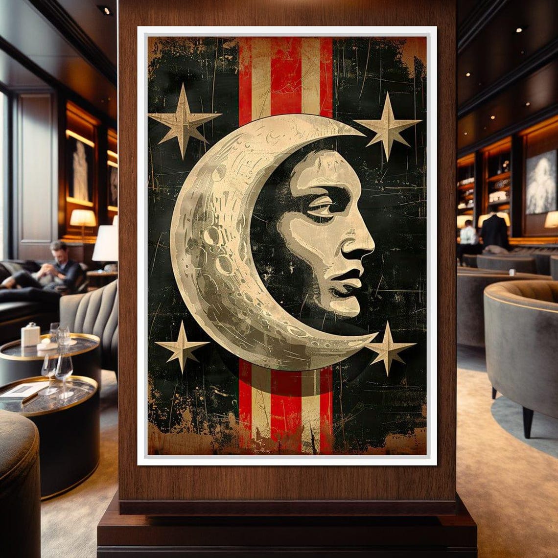 Vintage Celestial Crescent Moon Face Stars Mystical Wall Art - Image 3