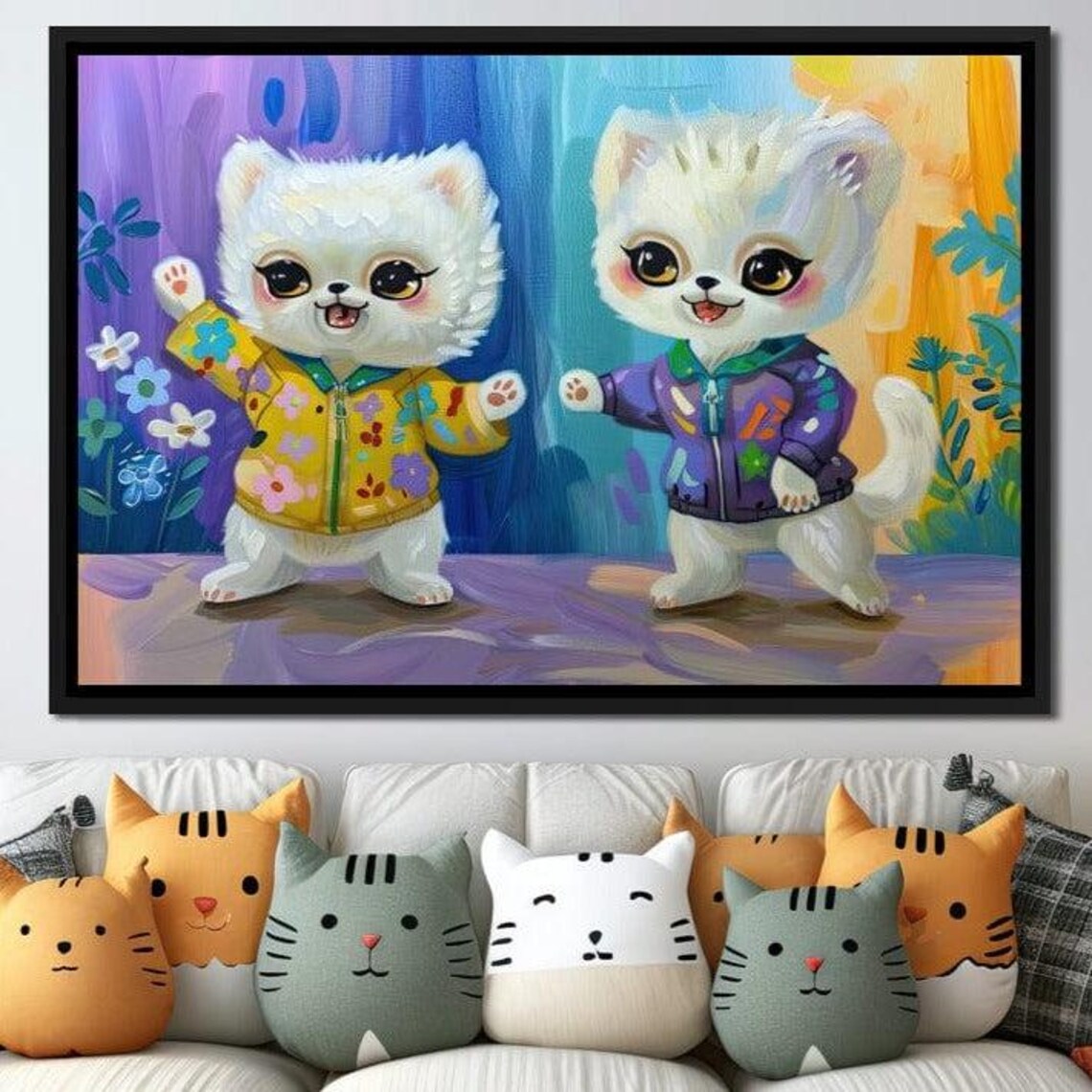 Two Cute Kittens In Colorful Jackets Whimsical Animal Painting Print - Image 3