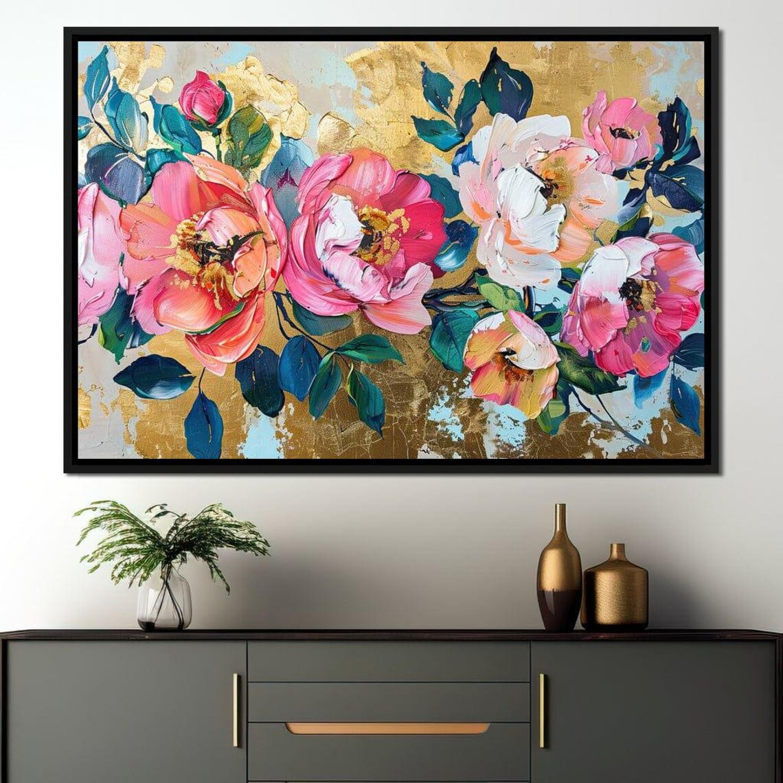 Golden Pink Peonies Gold Leaf Floral Painting Lush Blooms Wall Art
