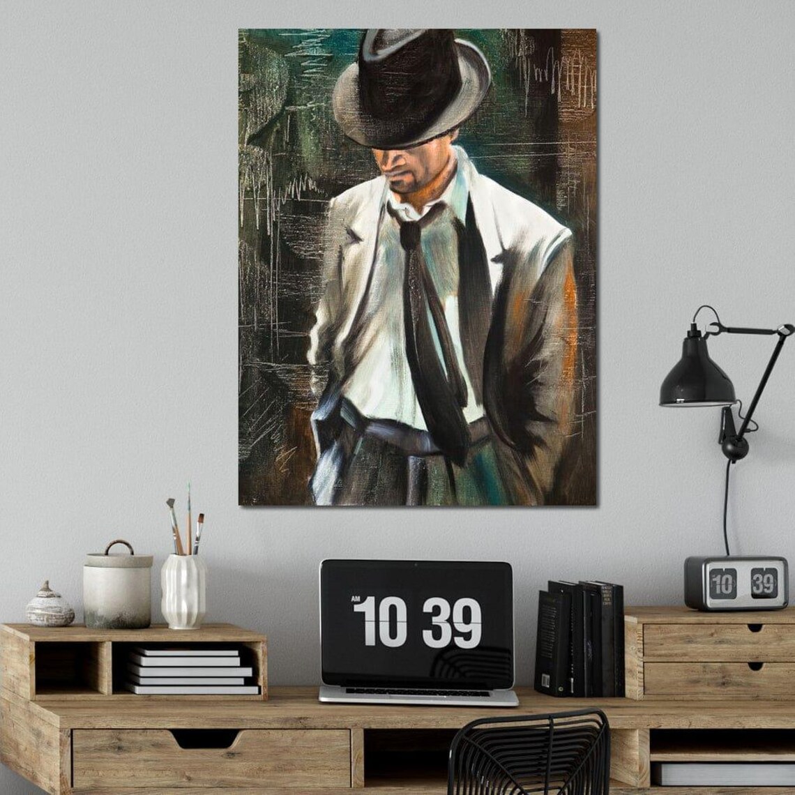 Dapper Gentleman Fedora Suit Moody Oil Portrait Classic Fashion Art Poster - Image 3