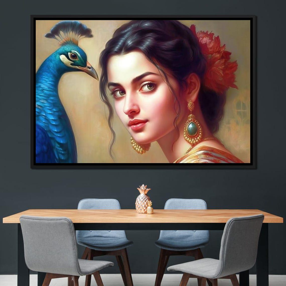 The Story Of The Peacock Feather Hindu Mythology Wall Art Indian Culture Home Decor Elegant Woman Portrait By Nichecanvas