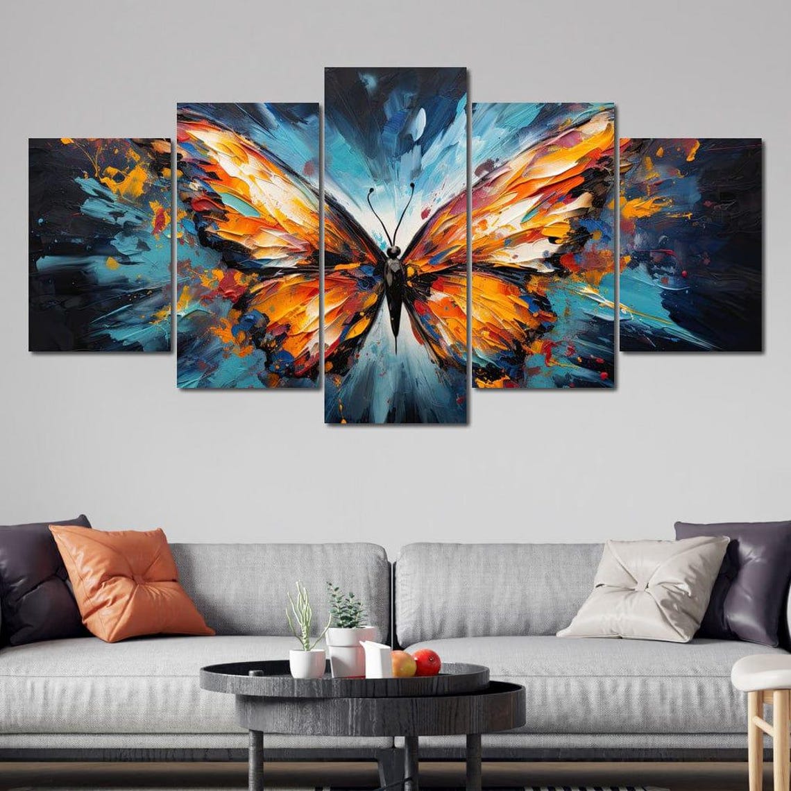 Orange Teal Butterfly Abstract Five Panel Canvas Modern Nature Print