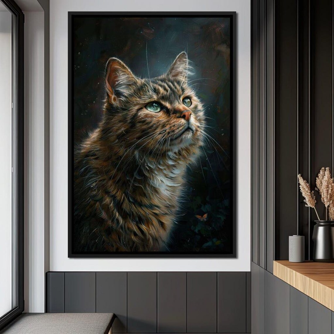 Tabby Cat Green Eyes Portrait Long Haired Kitty Dark Painterly Wall Art - Image 4