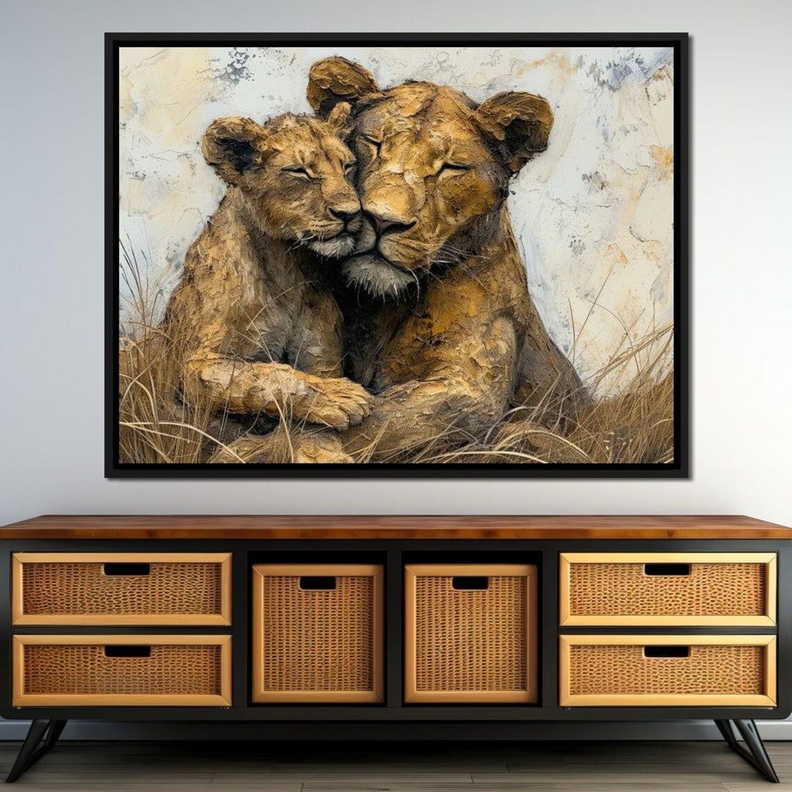 Lioness and Cub Tender Embrace Golden Savanna Wildlife Family Art Poster - Image 3