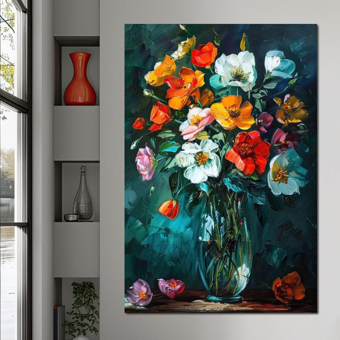 Bouquet Of Vibrant Poppy Dreams Glass Vase Floral Oil Poster - Image 2