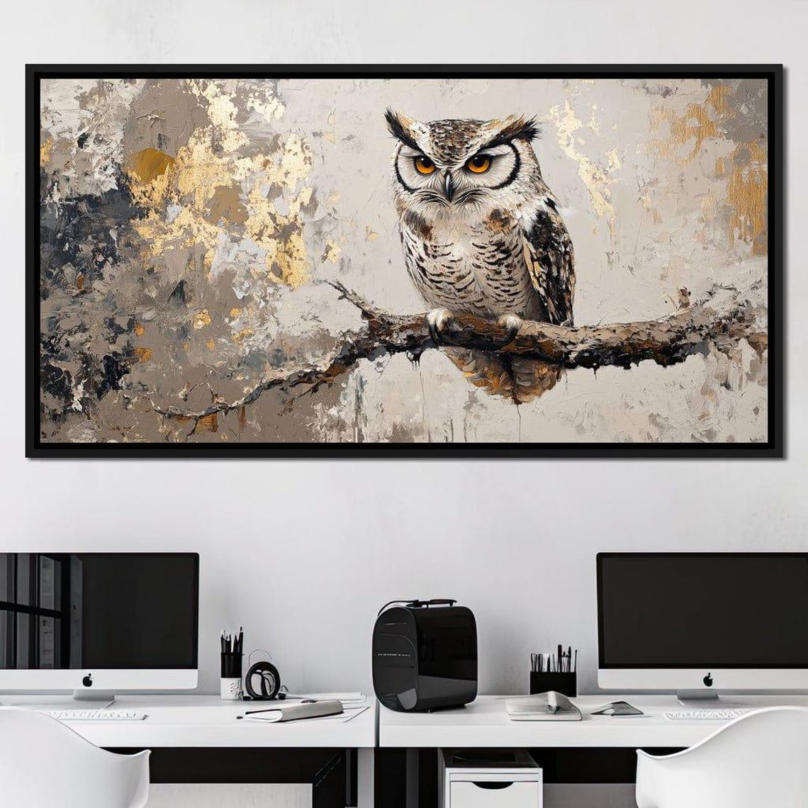 Horned Owl Piercing Eyes Gnarled Branch Beige Gold Abstract Poster