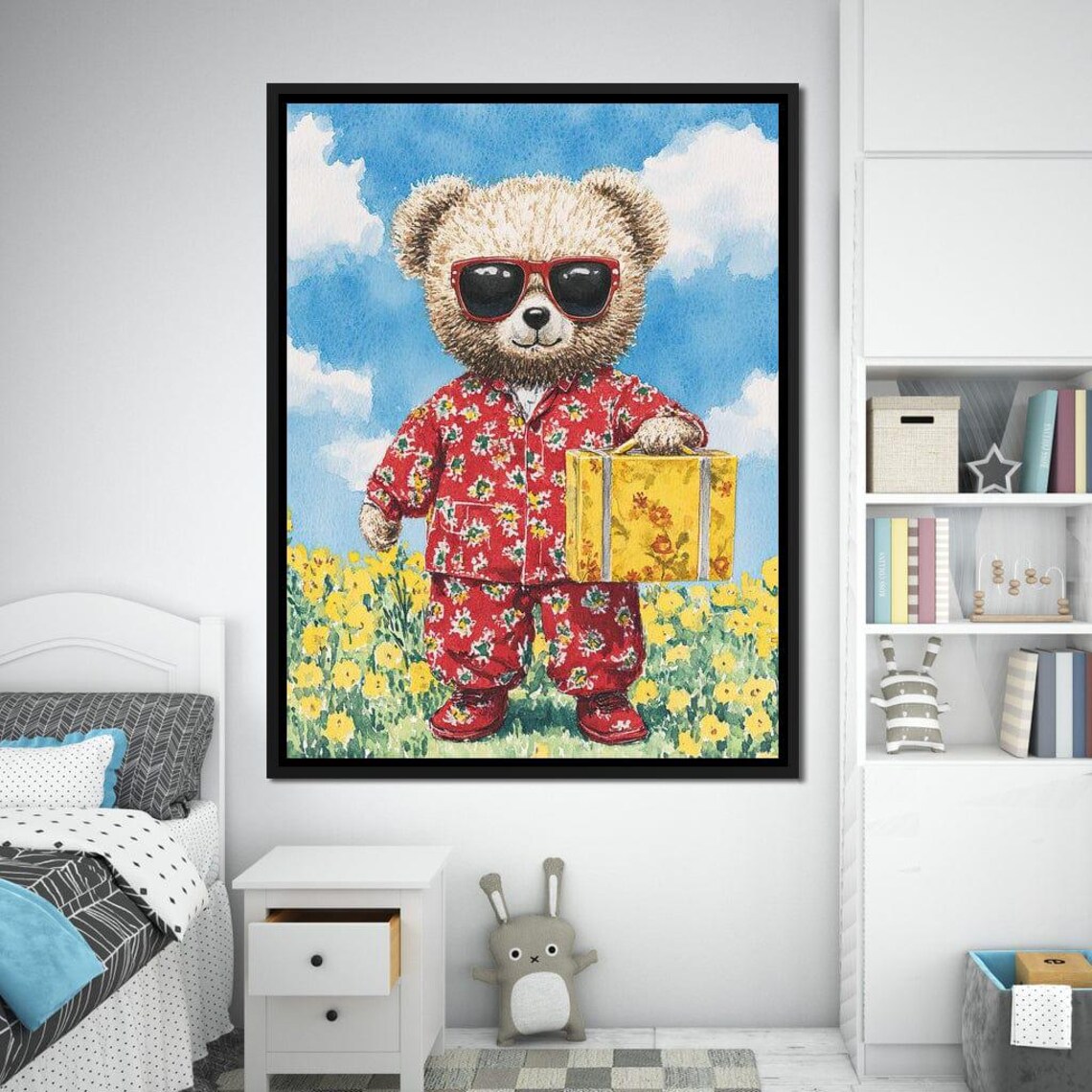 Cool Teddy Bear In Sunglasses With Yellow Suitcase Kids Room Wall Art - Image 3