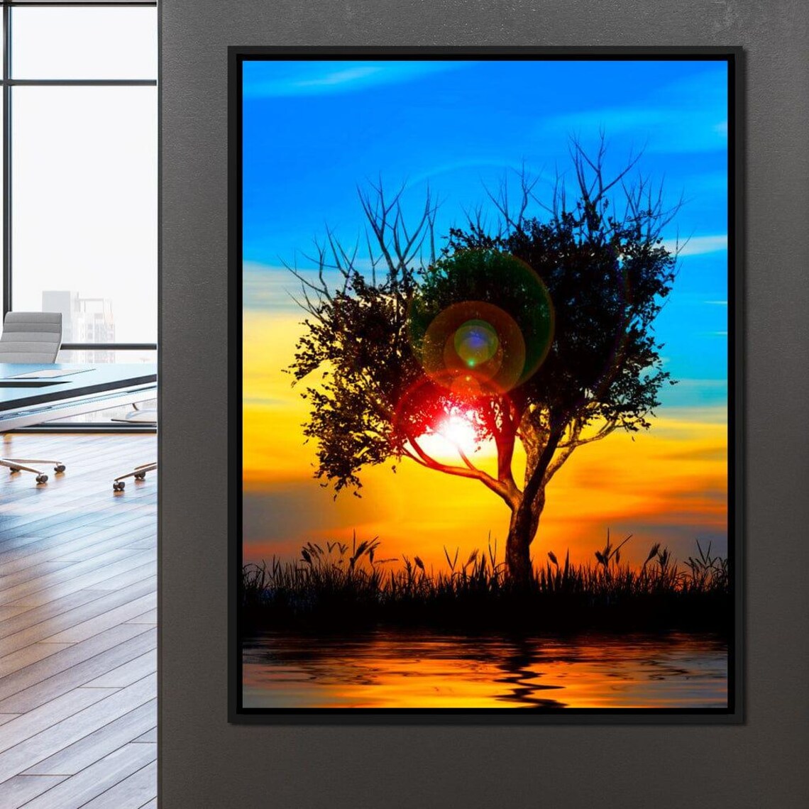 Colorful Sundown Vibrant Colors Tree Silhouette Evening Scene Landscape Art Sunset Reflection Home Decor By Nichecanvas - Image 2