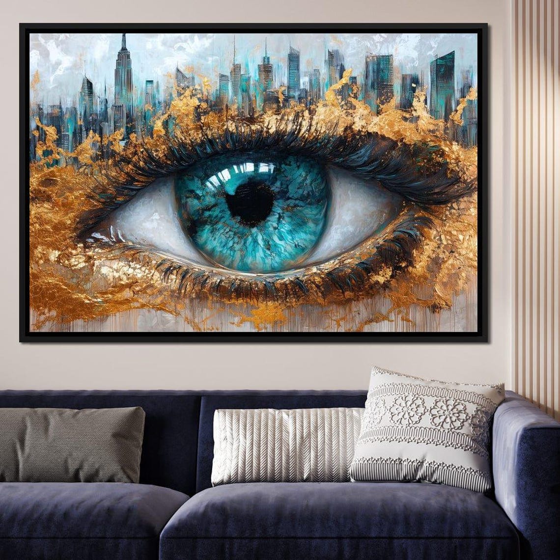 Teal Blue Abstract Eye City Skyline Gold Leaf Modern Bold Art Poster - Image 4