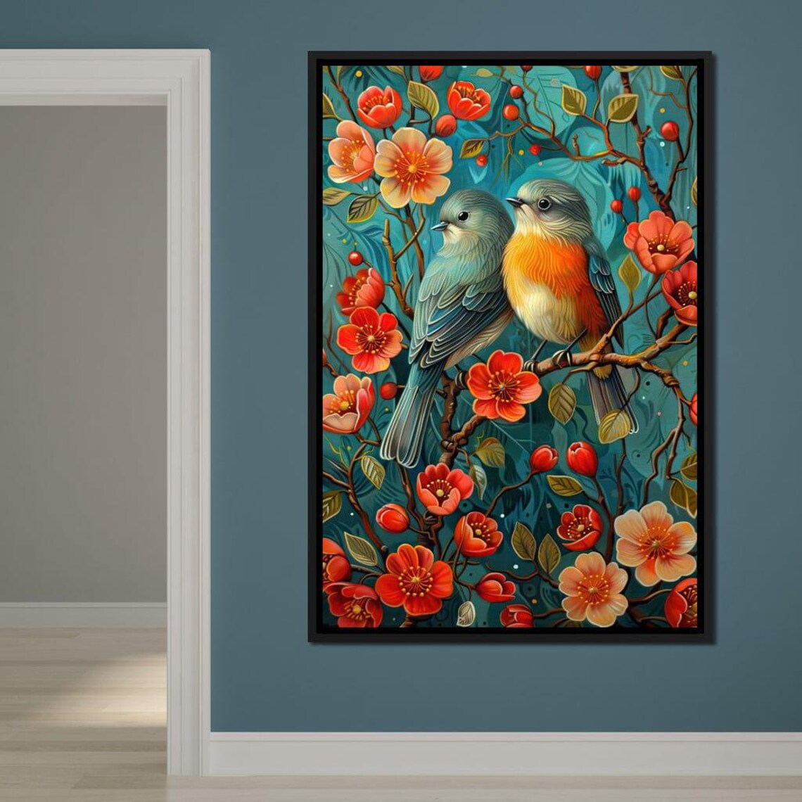 Two Songbirds Blossoming Branch Coral Flowers Vintage Bird Art Print - Image 3