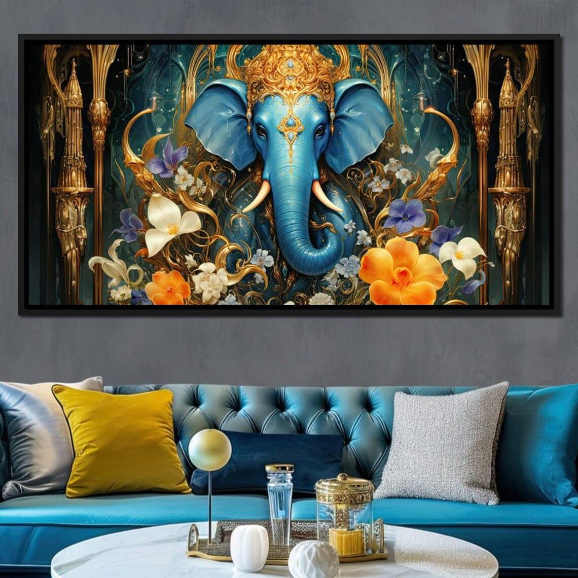 Radiant Majesty Of The Elephant Majestic Art Blue Yellow Spiritual Decor Hindu Gods Contemporary Home Decor By Nichecanvas - Image 3