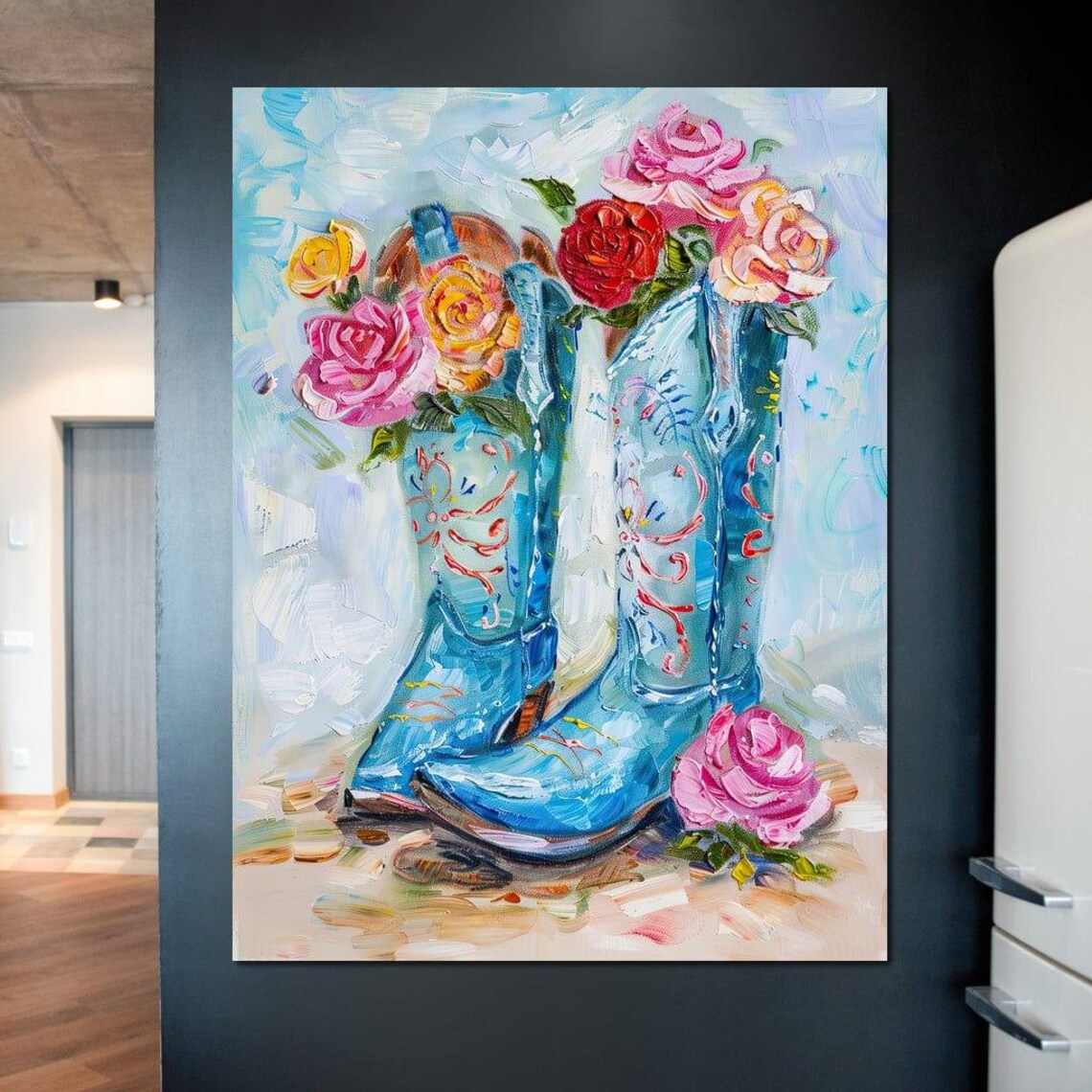 Blue Cowboy Boots Colorful Roses Floral Western Impressionist Wall Art - Image 2