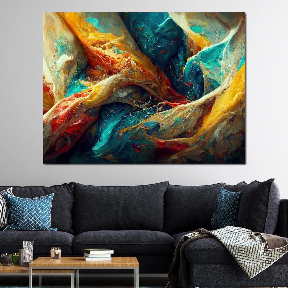 Gold Teal Silk Swirl Waves Five Panel Modern Abstract Wall Art - Image 3