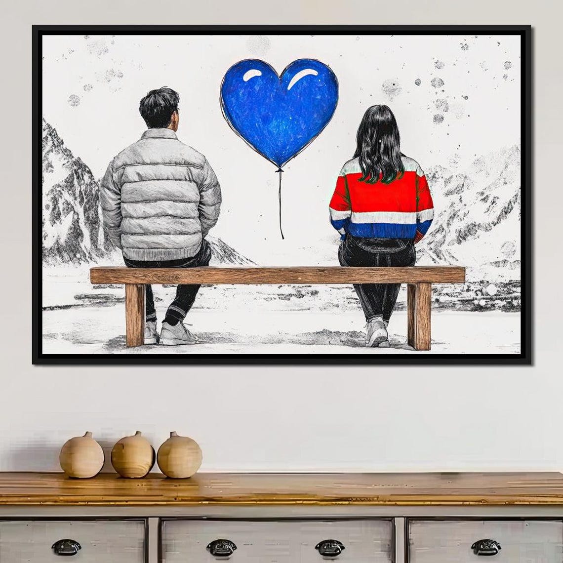 Romantic Couple Snowy Mountain Bench Blue Heart Balloon Wall Art