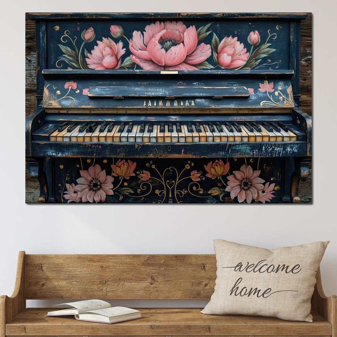 Hand Painted Navy Piano Pink Peonies Vintage Floral Music Art Poster - Image 3