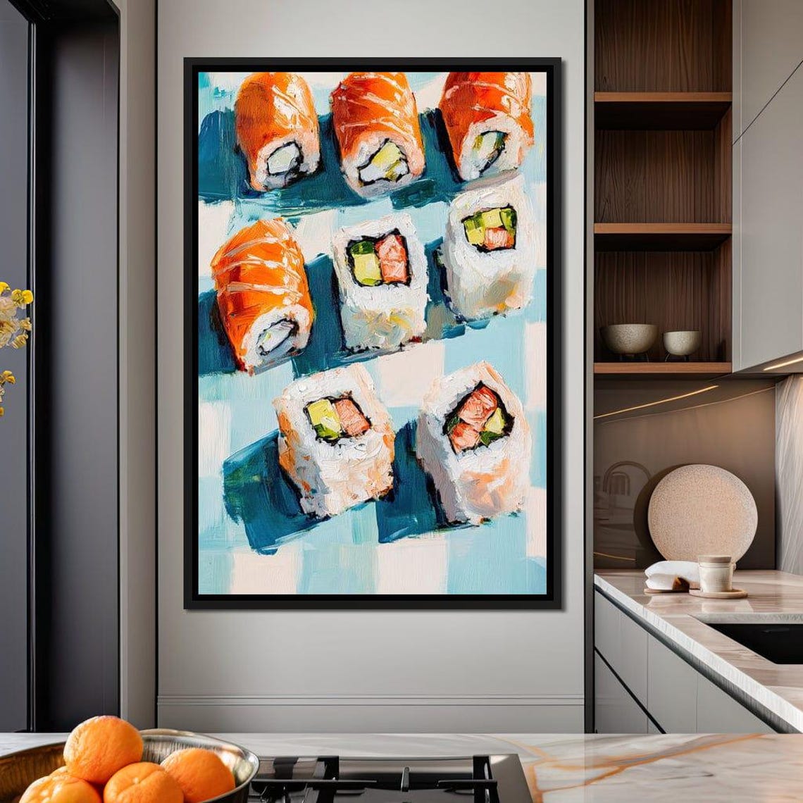 Salmon Sushi Rolls Avocado Cream Cheese Blue Checkered Kitchen Poster