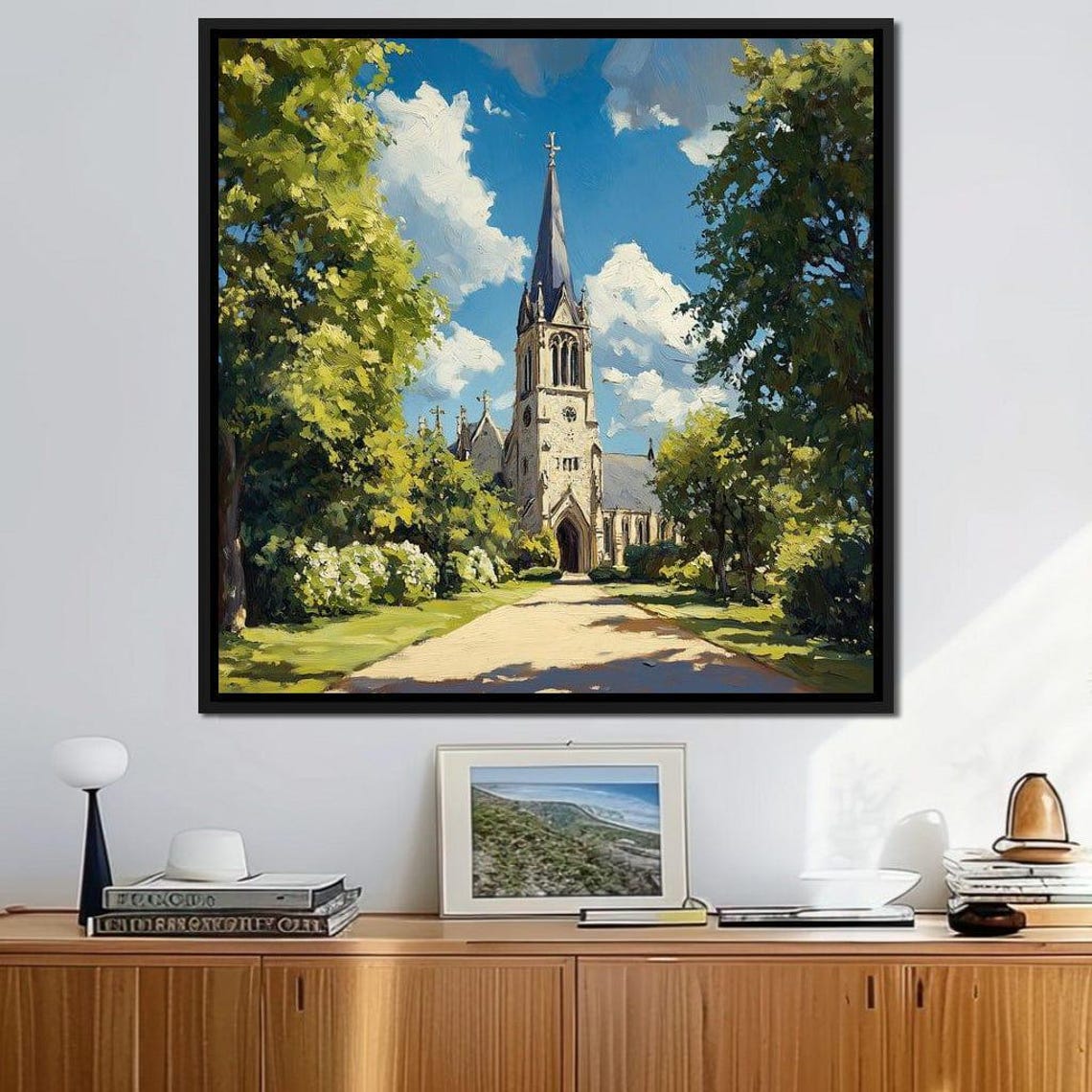 Stone Church Tall Spire Tree Lined Path Sunny Day Landscape Art Poster - Image 4