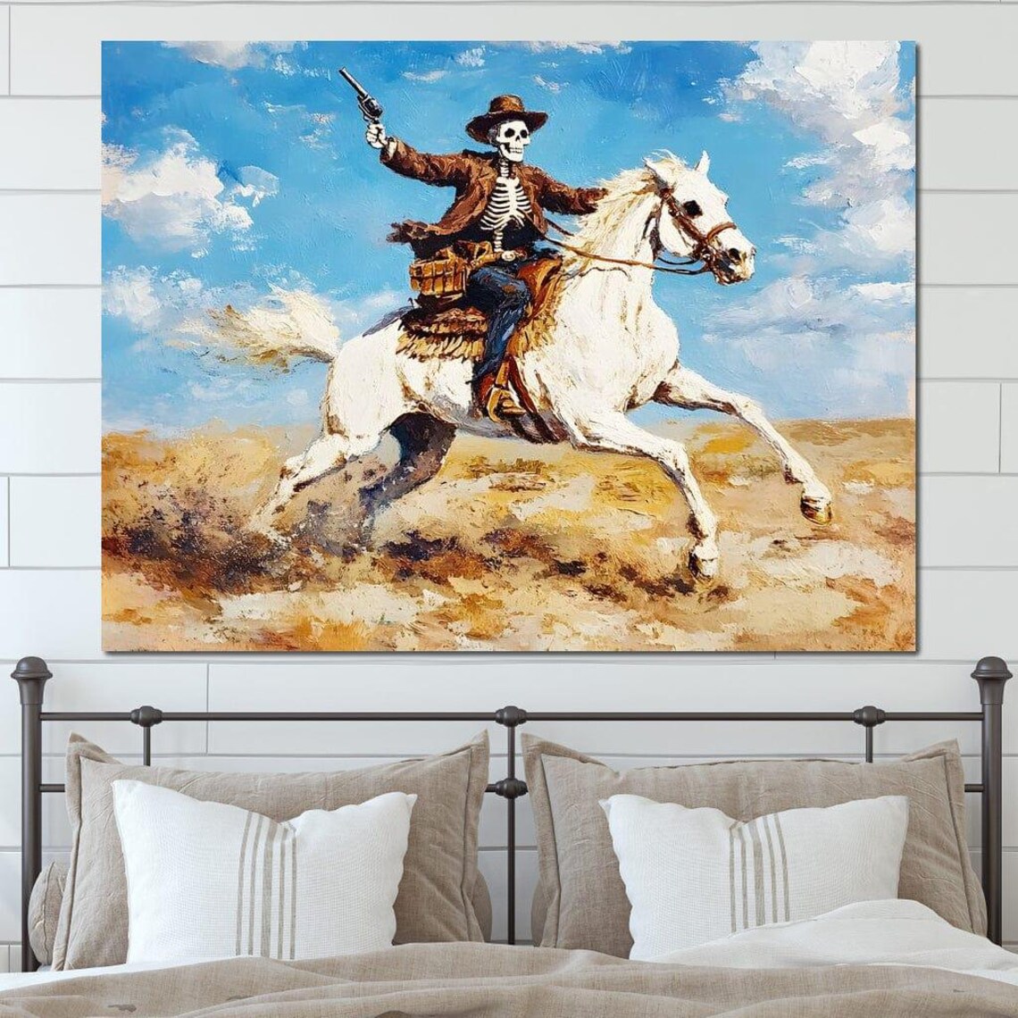 Skeleton Cowboy Riding a White Horse Across the Desert Poster - Image 2