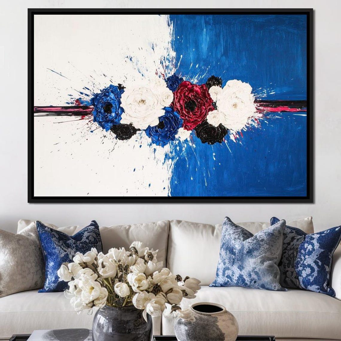 Blue White Red Impasto Roses Abstract Floral Bold Modern Decor Poster