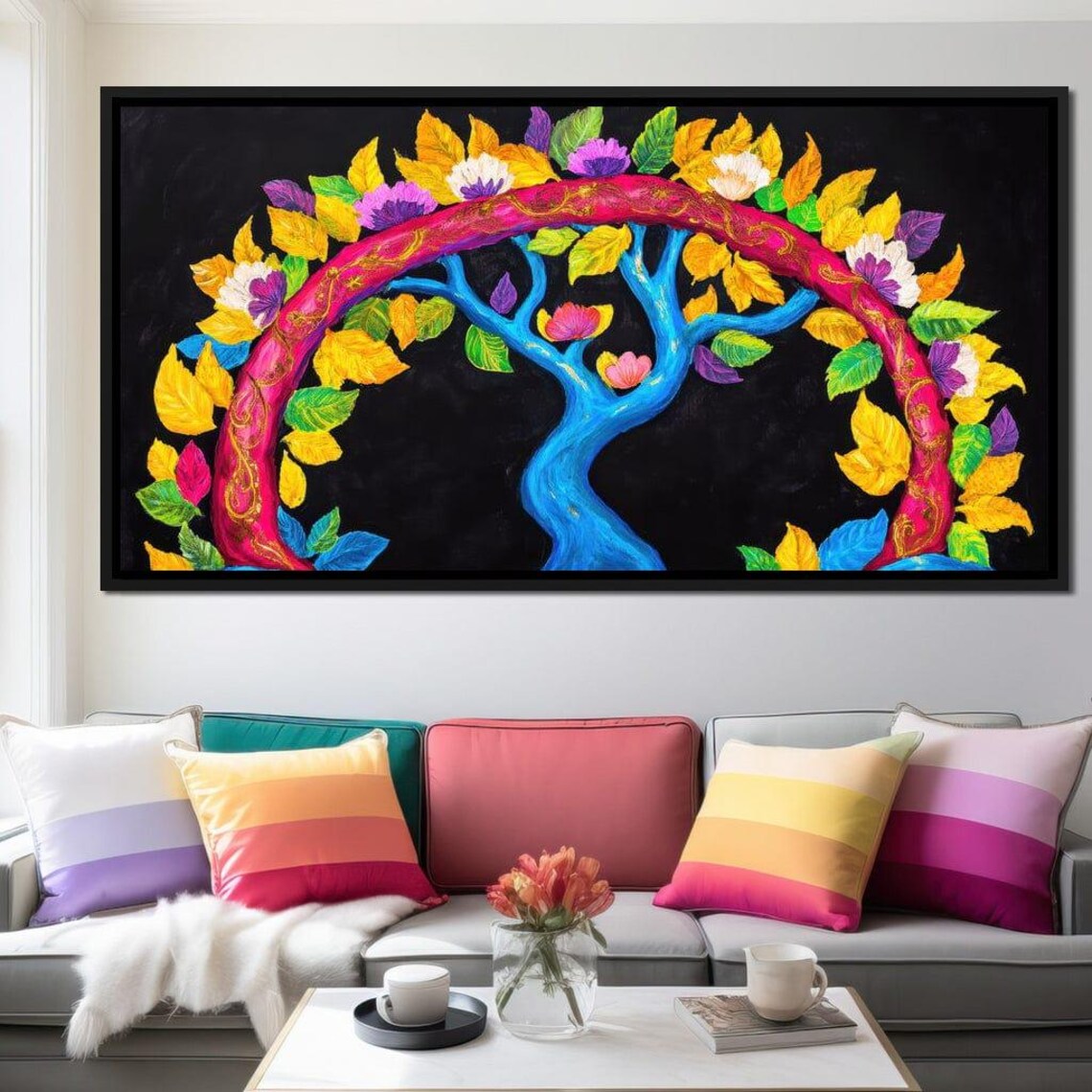 Rainbow Tree Of Life On Black Canvas Colorful Folk Art Style Poster - Image 3