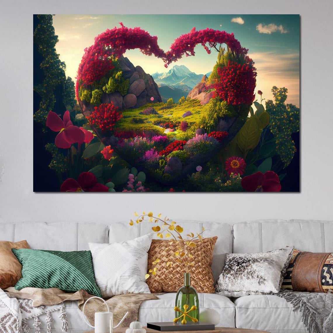 Romantic Heart Shaped Flower Garden Mountain Landscape Art Poster - Image 2
