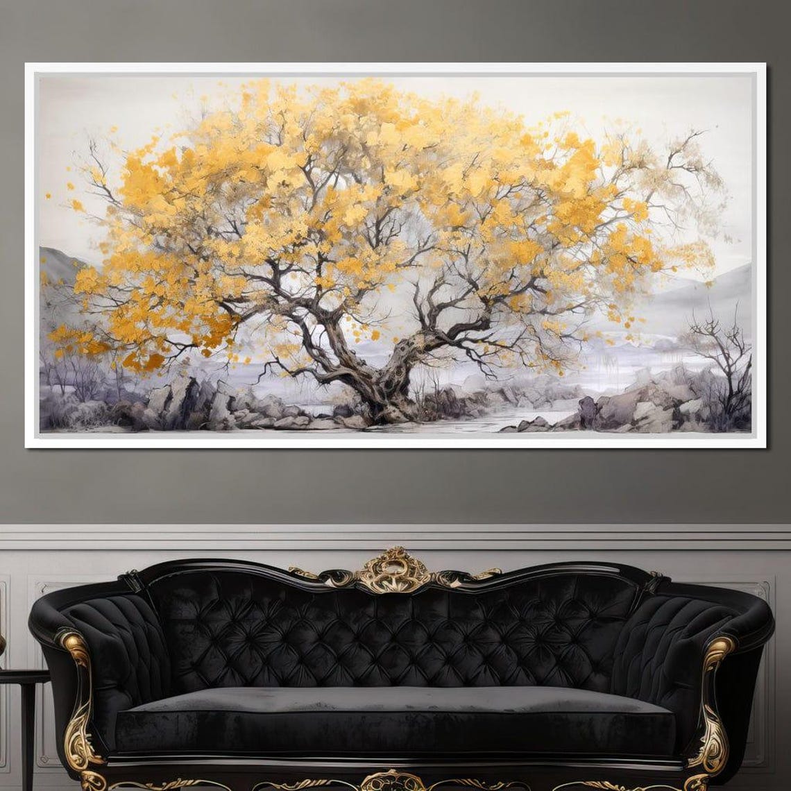 Golden Tree Of Life Misty Mountains Serene Nature Minimalist Wall Art - Image 2