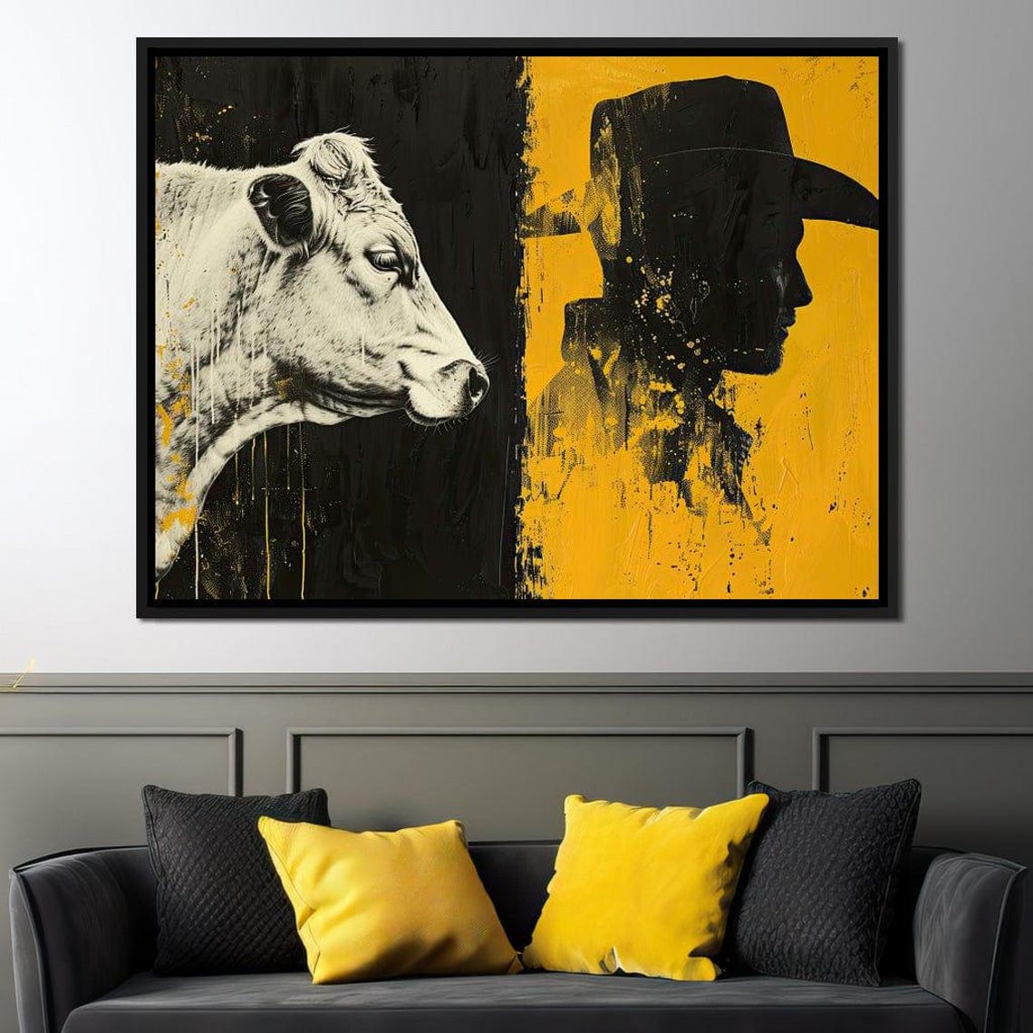 Cow And Cowboy Silhouette Black Gold Split Western Ranch Art Print - Image 4
