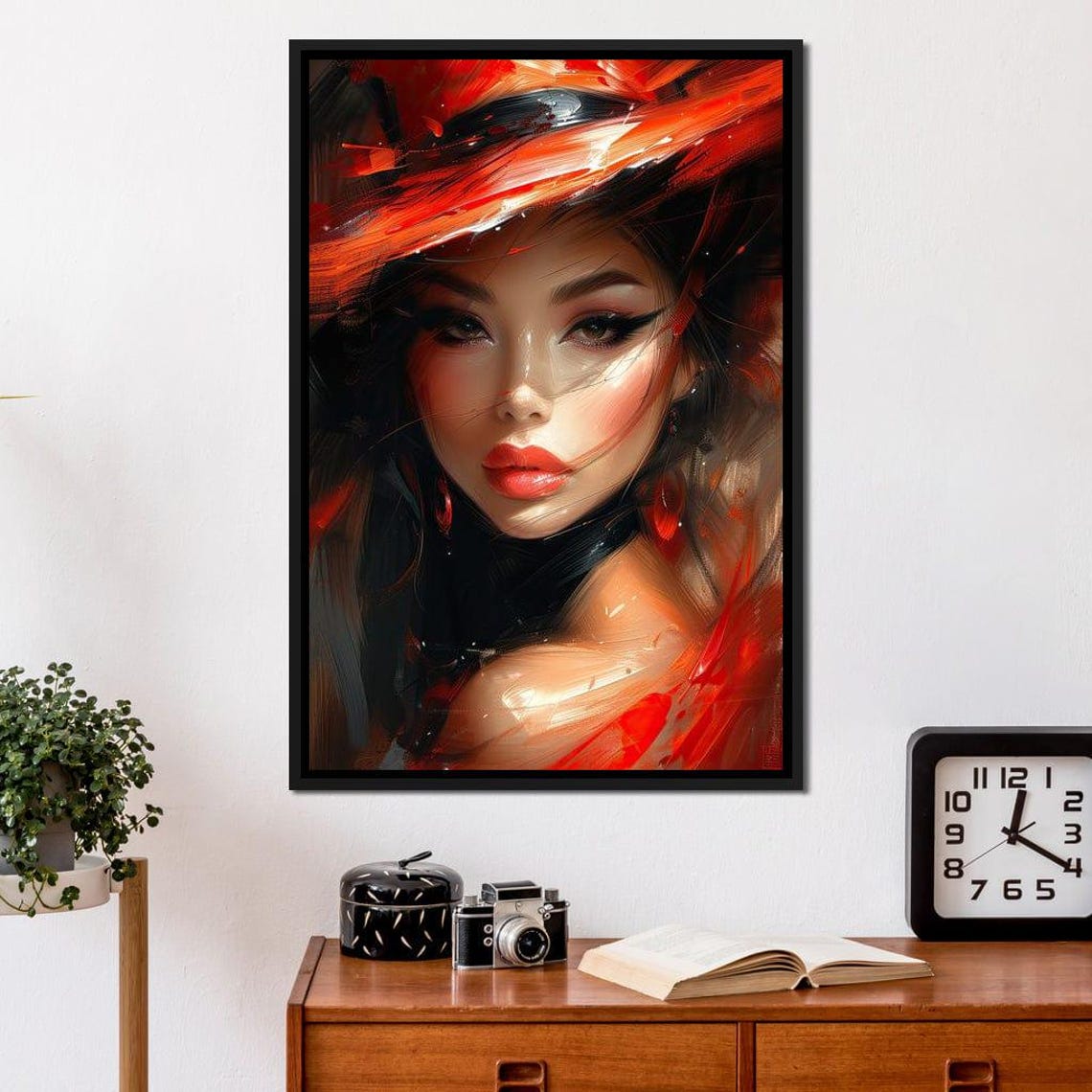 Fiery Orange Hat Beauty Bold Expressive Brushstroke Portrait Wall Art - Image 4