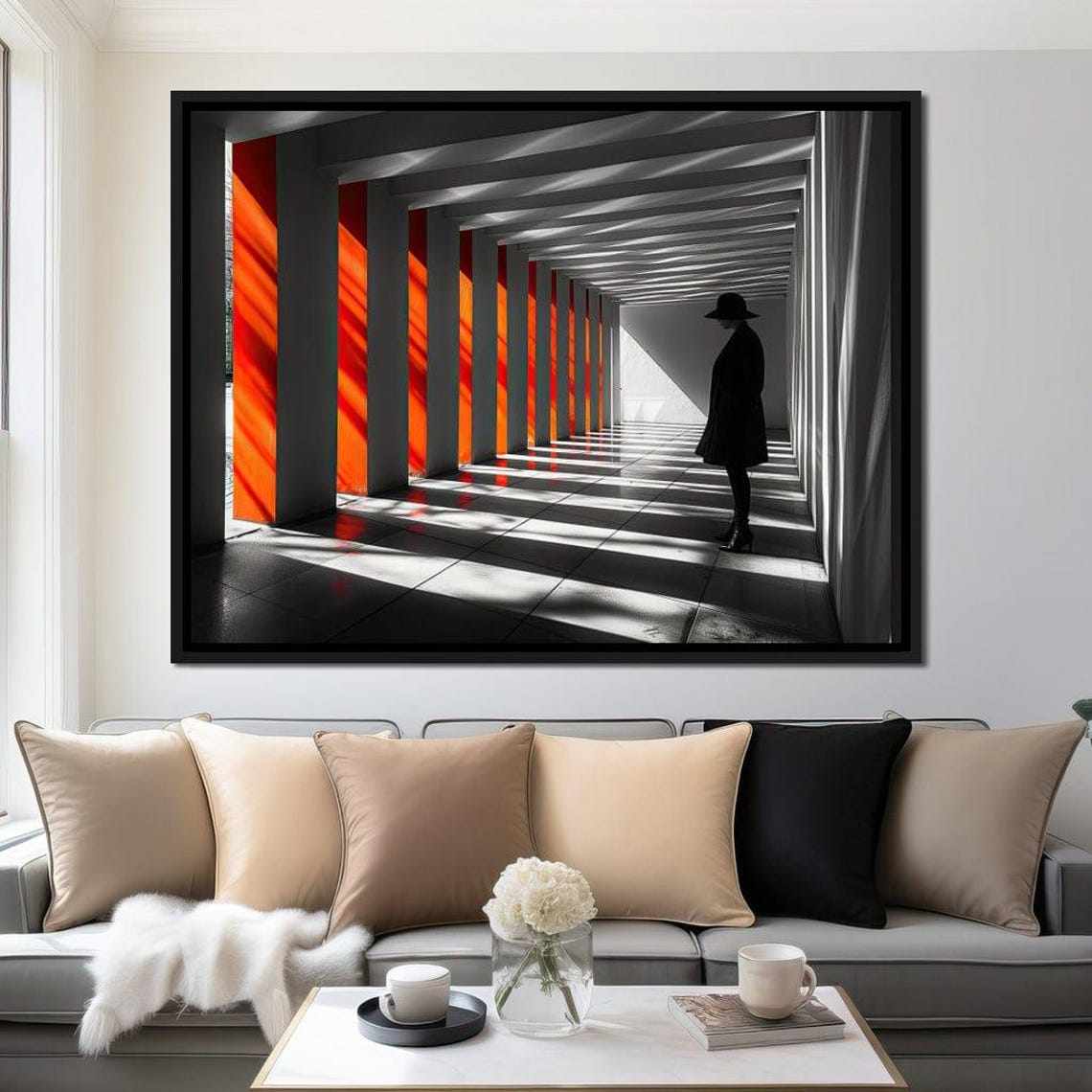 Monochrome Corridor Red Panels Silhouette Figure Modern Art Print - Image 4