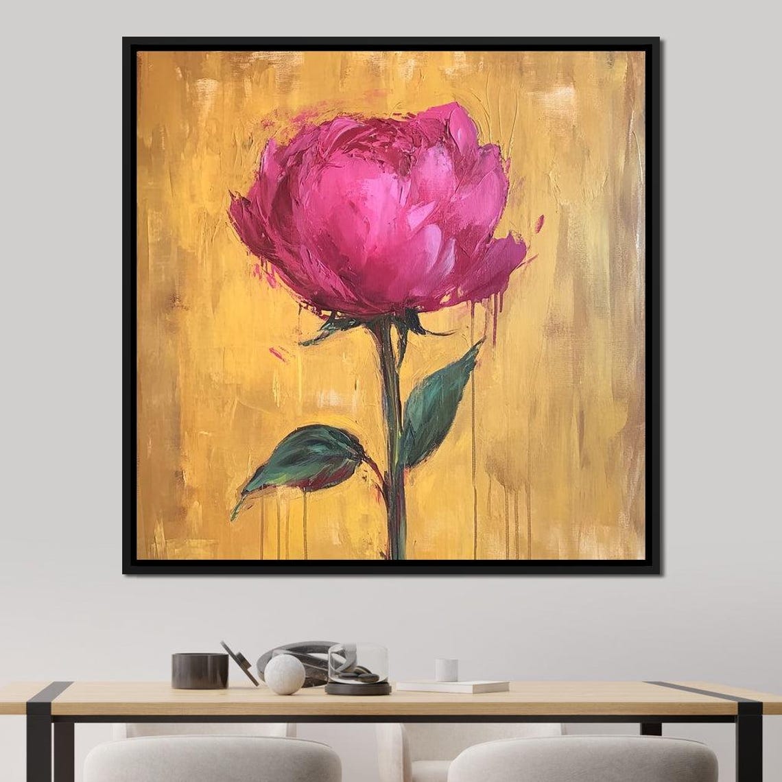 Magenta Pink Rose Golden Yellow Background Impasto Floral Art Print - Image 2
