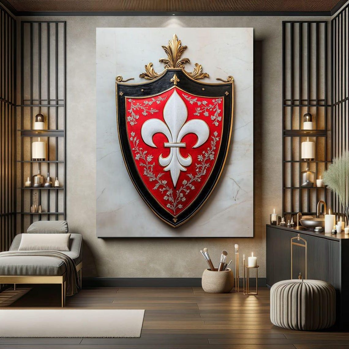 Red Shield with White Fleur De Lys on Black Marble Wall Poster
