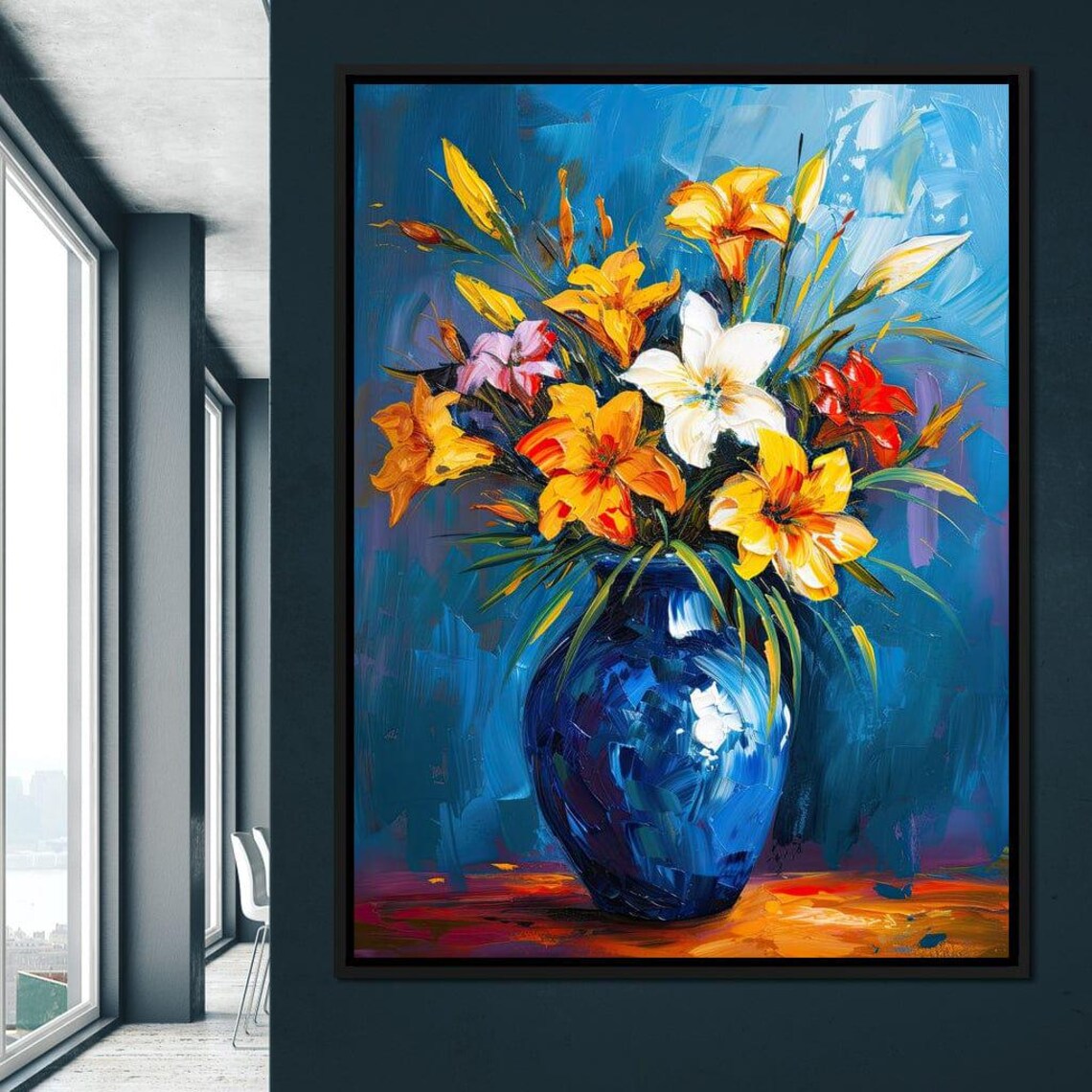 Yellow Orange Lilies Blue Vase Impasto Oil Painting Floral Wall Art