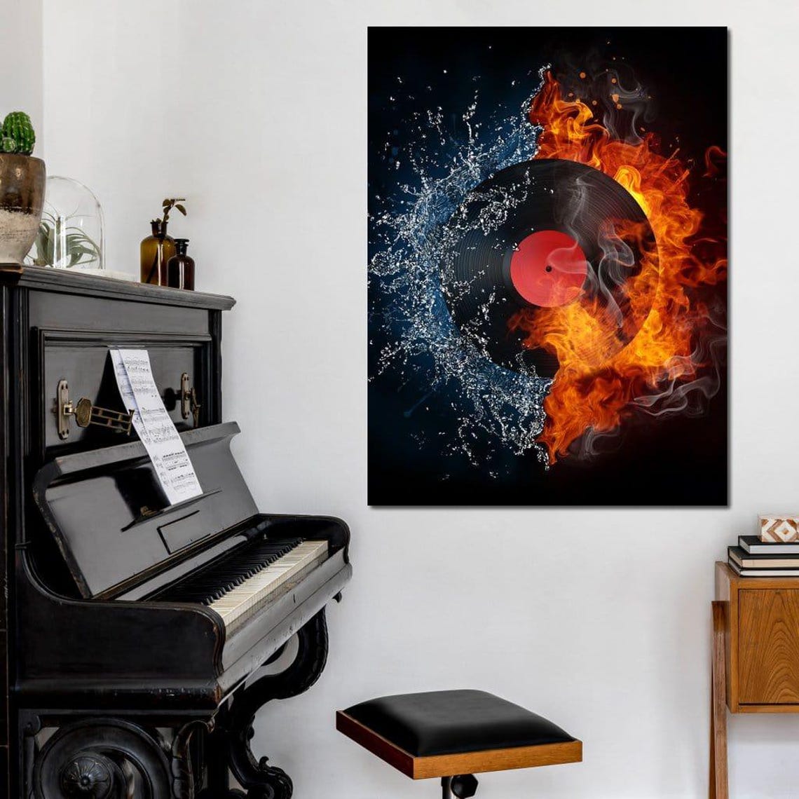Vinyl Record In Fire And Water Dramatic Music Art Modern Wall Poster - Image 2