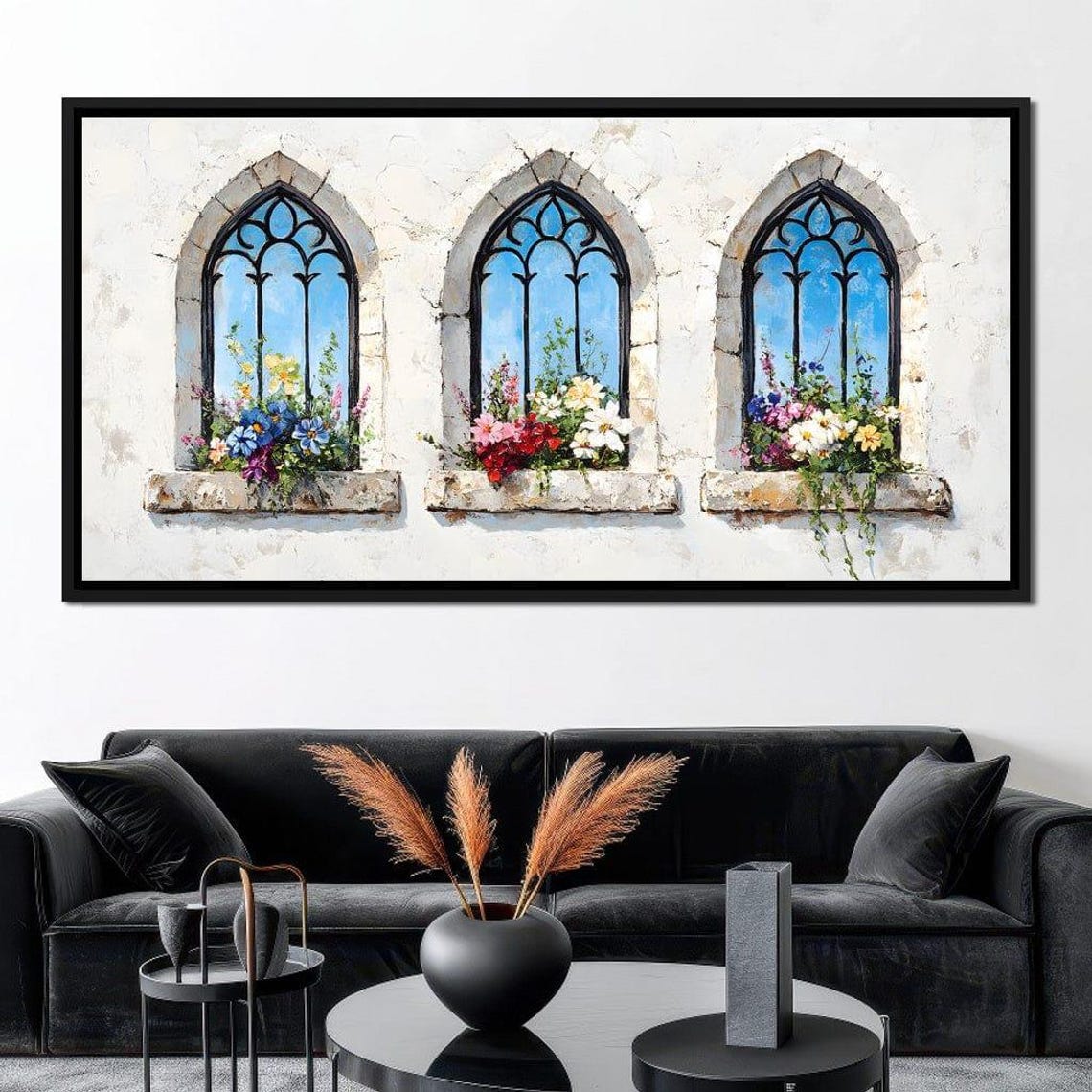 Three Gothic Arched Windows with Colorful Flower Boxes Poster - Image 2