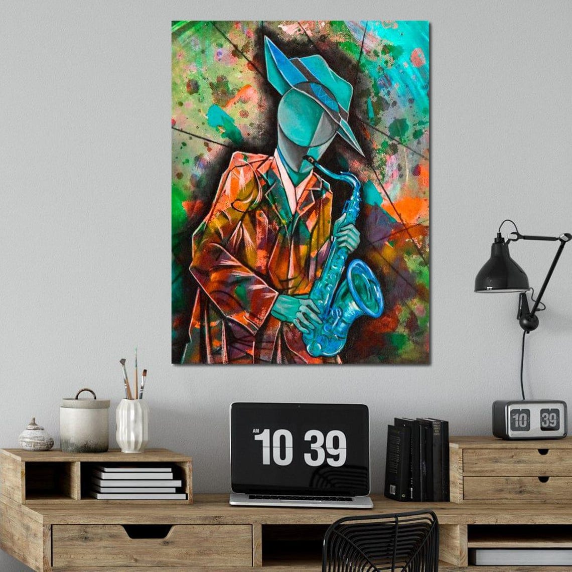 Stylized Saxophone Player In Hat Colorful Cubist Jazz Music Art Poster - Image 3