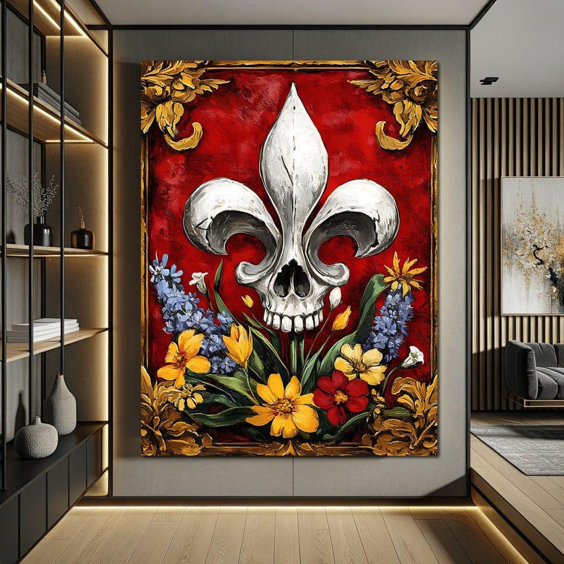 Fleur De Lys Skull Fusion with Blooming Flowers on Red Poster - Image 2