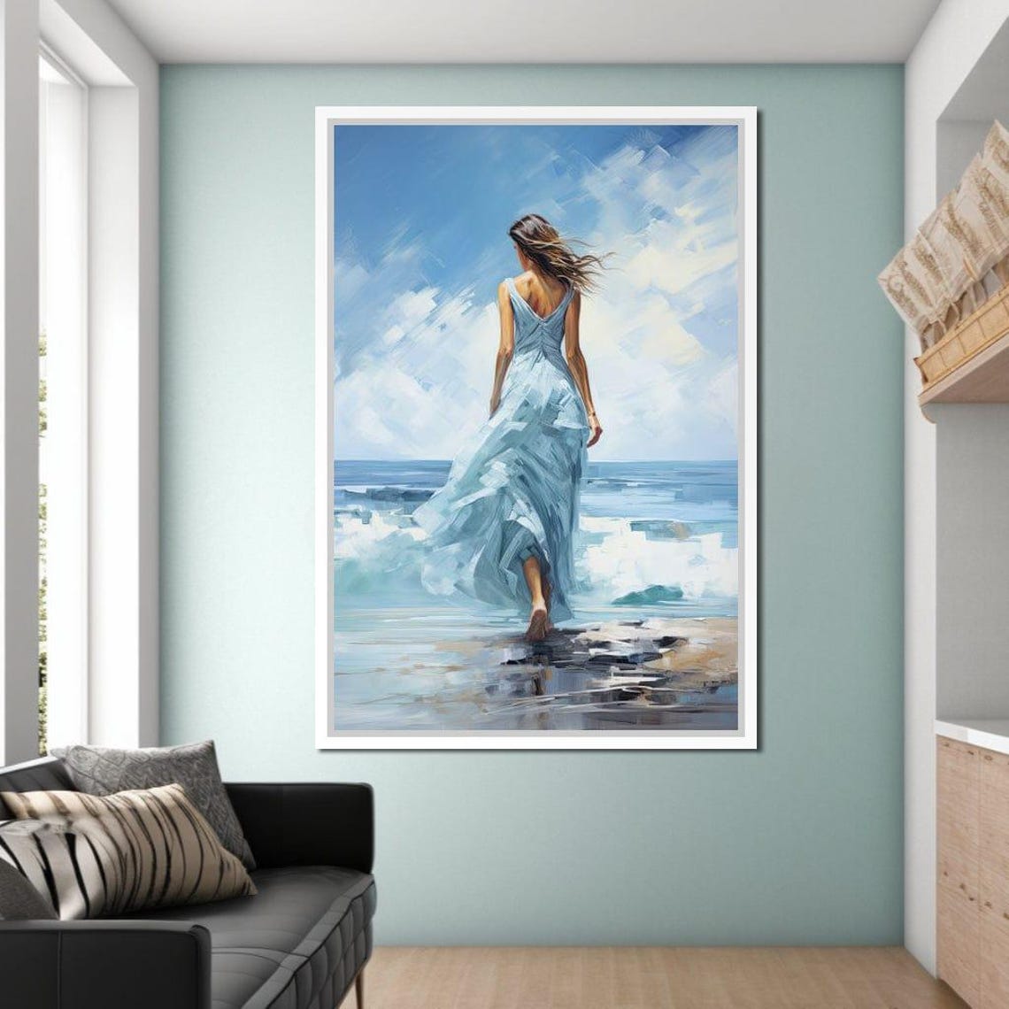 Woman Blue Dress Walking Beach Ocean Waves Serene Wall Art Print - Image 3