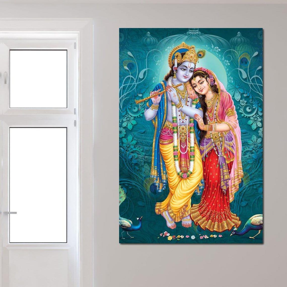 Radha Krishna Divine Couple Colorful Hindu Spiritual Peacock Wall Art - Image 4