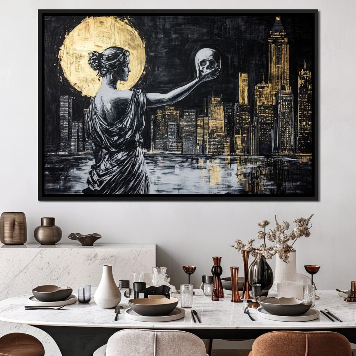 Greek Statue Woman Skull Gold Moon Night City Skyline Wall Art - Image 4